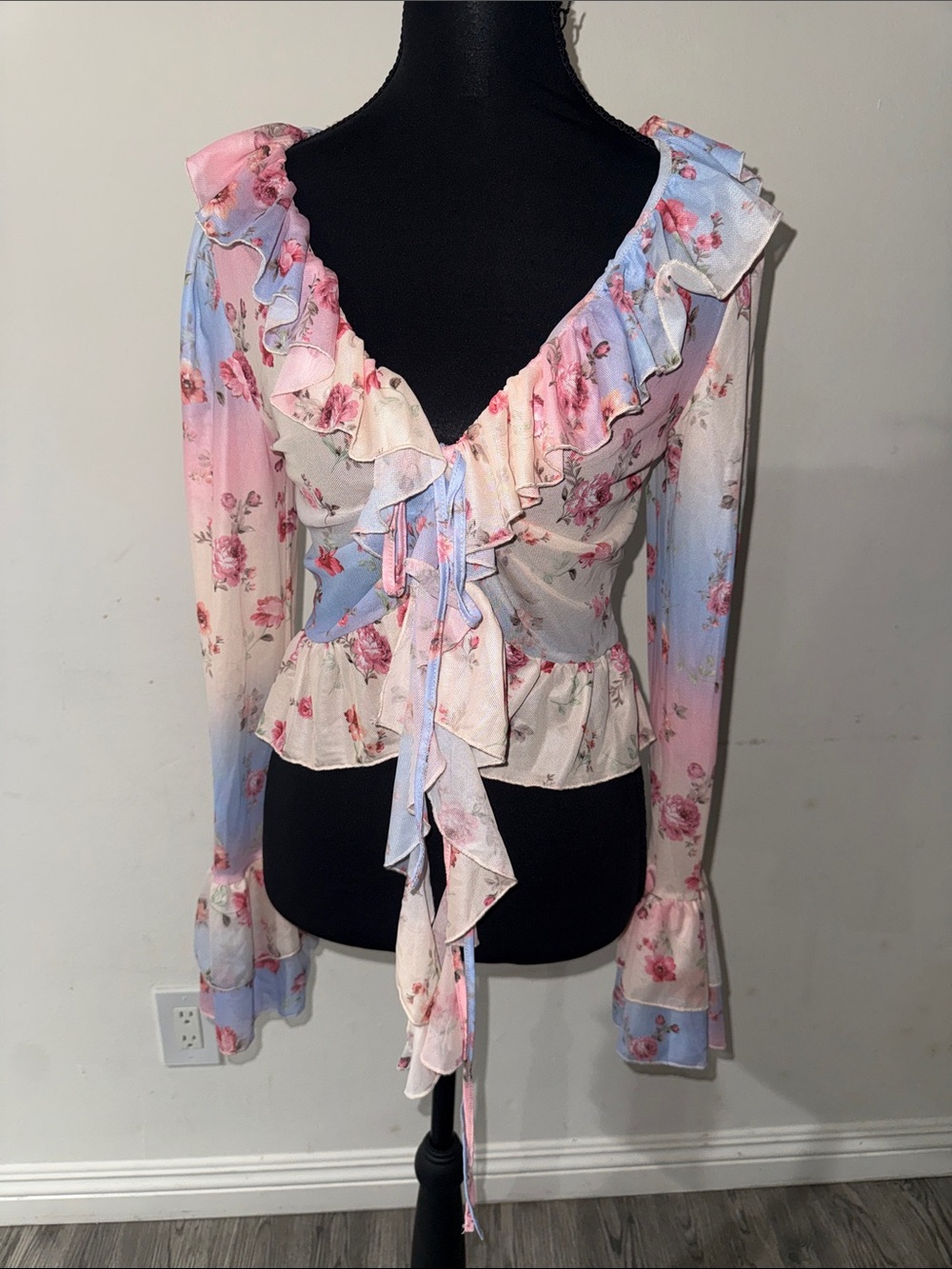 SHEIN Pink Blue Floral Ruffle Tie-Front Blouse